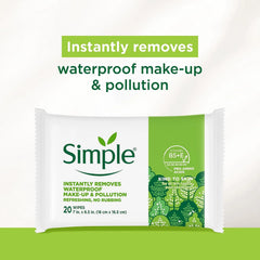 Simple Kind to Skin Cleansing Wipes Micellar Gentle and Effective Makeup Remover Free from color and dye, artificial perfume and harsh chemicals 20 Wipes