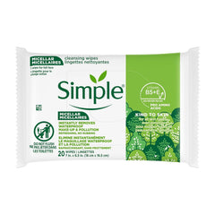 Simple Kind to Skin Cleansing Wipes Micellar Gentle and Effective Makeup Remover Free from color and dye, artificial perfume and harsh chemicals 20 Wipes