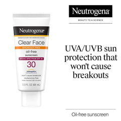 Neutrogena Clear Face Sunscreen for Acne-Prone Skin SPF 30, Broad Spectrum Facial Sunscreen Lotion, Lightweight, Non Comedogenic, Fragrance- & Oxybenzone-Free Water Resistant (80 min), 3 fl. oz