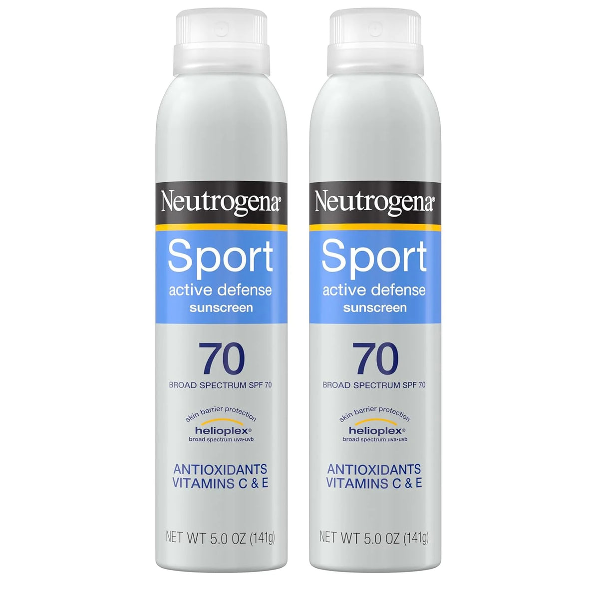 Neutrogena Sport Active Defense Sunscreen Spray SPF 70, 2 x 5 oz | Sweat & Water Resistant, Broad Spectrum Protection, Sunburn Prevention, Oxybenzone-Free