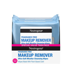 Neutrogena Makeup Remover Wipes, Fragrance-Free, 2 Pack of 25 Ct | Micellar Cleansing Cloths, Gently Removes Oil, Dirt, and Waterproof Makeup, Plant-Based Cloth, Twin Pack