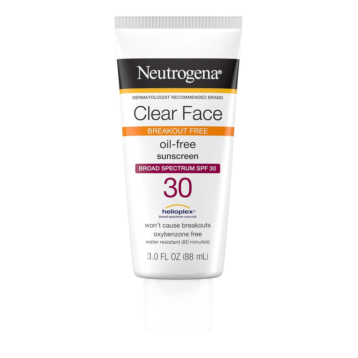 Neutrogena Clear Face Sunscreen for Acne-Prone Skin SPF 30, Broad Spectrum Facial Sunscreen Lotion, Lightweight, Non Comedogenic, Fragrance- & Oxybenzone-Free Water Resistant (80 min), 3 fl. oz
