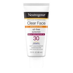 Neutrogena Clear Face Sunscreen for Acne-Prone Skin SPF 30, Broad Spectrum Facial Sunscreen Lotion, Lightweight, Non Comedogenic, Fragrance- & Oxybenzone-Free Water Resistant (80 min), 3 fl. oz