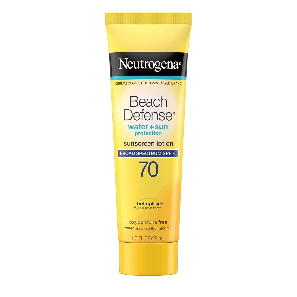 Neutrogena Sunscreen Lotion Beach Defense SPF 70, Face and Body Sunscreen, Hawaii Reef Act 104 Compliant, Octinoxate & Oxybenzone Free, Fast Absorbing Sun Care, Travel Size, 1 oz, 48 Pack
