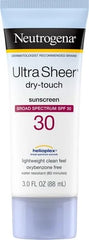 Neutrogena Ultra Sheer Dry-Touch Sunscreen For Face & Body, SPF 30 Broad Spectrum UVA/UVB Protection, Lightweight Water Resistant & Non-Greasy, Travel Size Sunscreen, 3 fl. oz (Pack of 3)