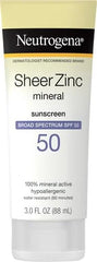 Neutrogena Sheer Zinc Oxide Dry-Touch Sunscreen Lotion with Broad Spectrum SPF 50, Water-Resistant, Hypoallergenic & Non-Greasy Mineral Sunscreen, 3 fl. oz